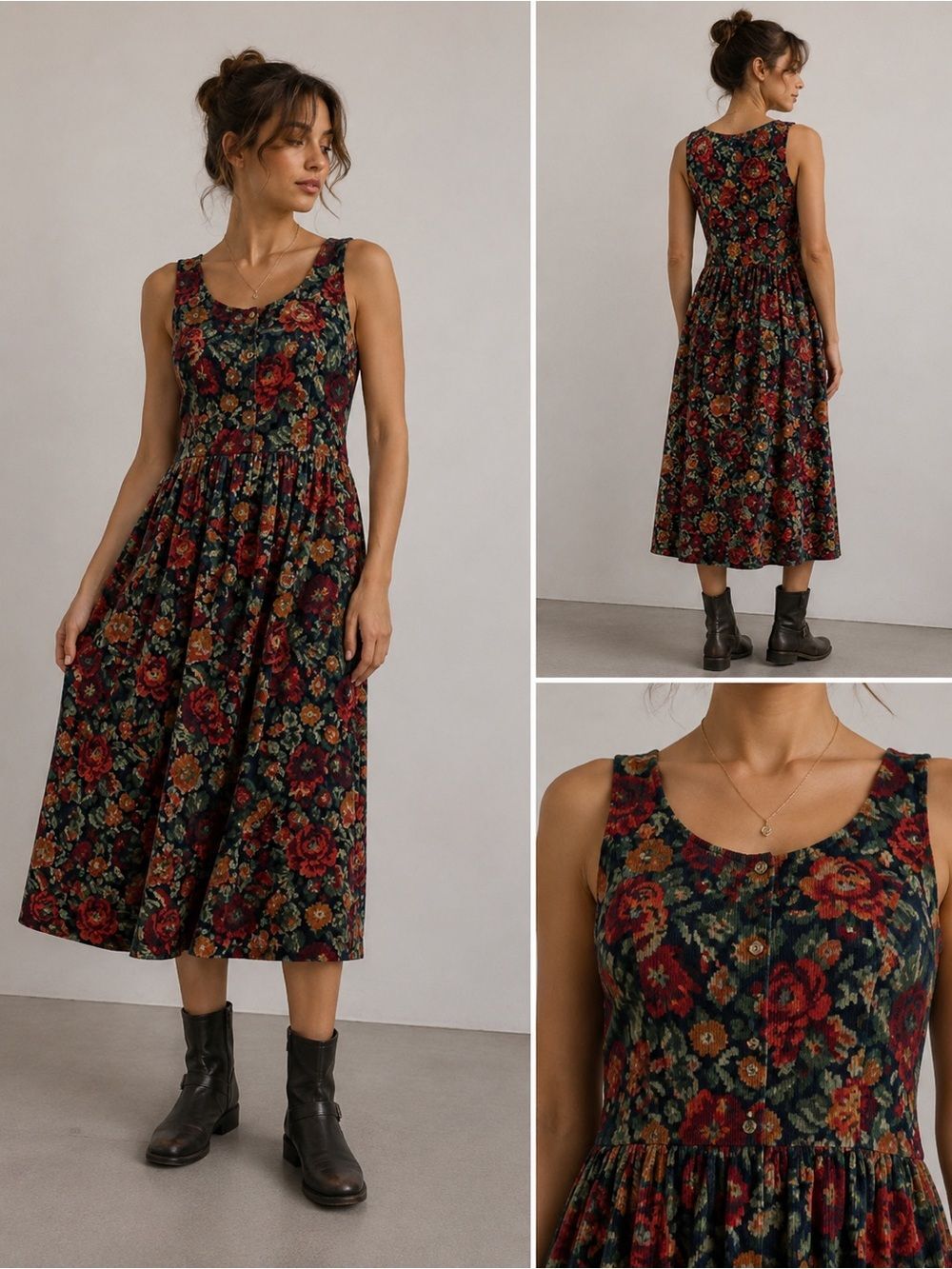 Eddie Bauer Digitalized Needlepoint Floral Art-Wear 90sVtg Corduroy Dress S RARE